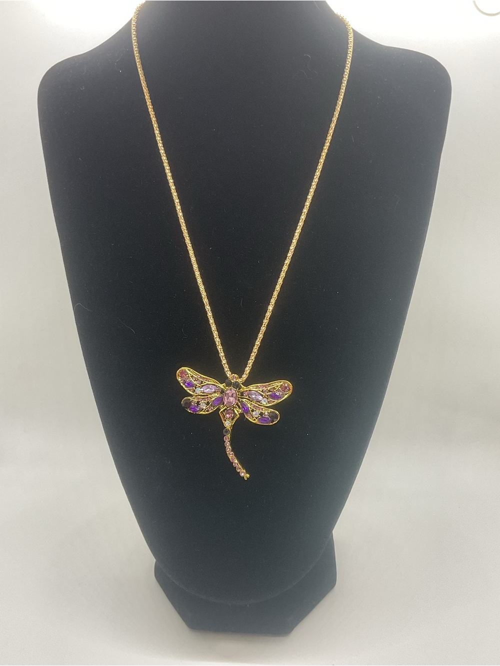 Betsey Johnson Gold Tone Dragonfly Necklace with Purple Stones